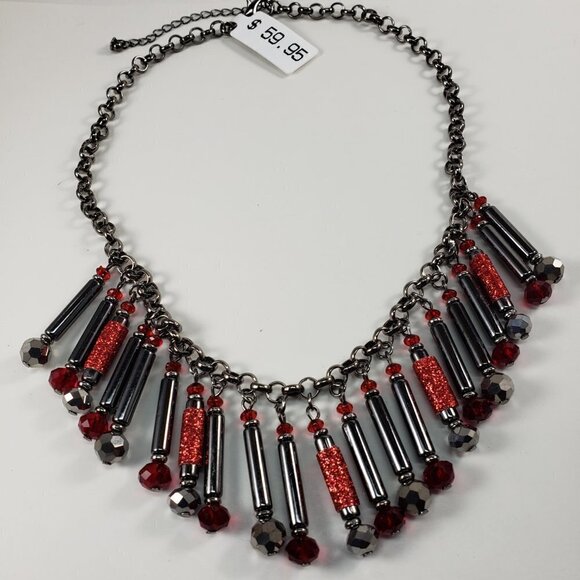 Black & Red Beaded Statement Necklace – Gunmetal Chain w/ Sparkle Cylinder Beads - Picture 4 of 7
